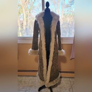 Rampage Brown Paisley Faux Fur Trim Long Coat